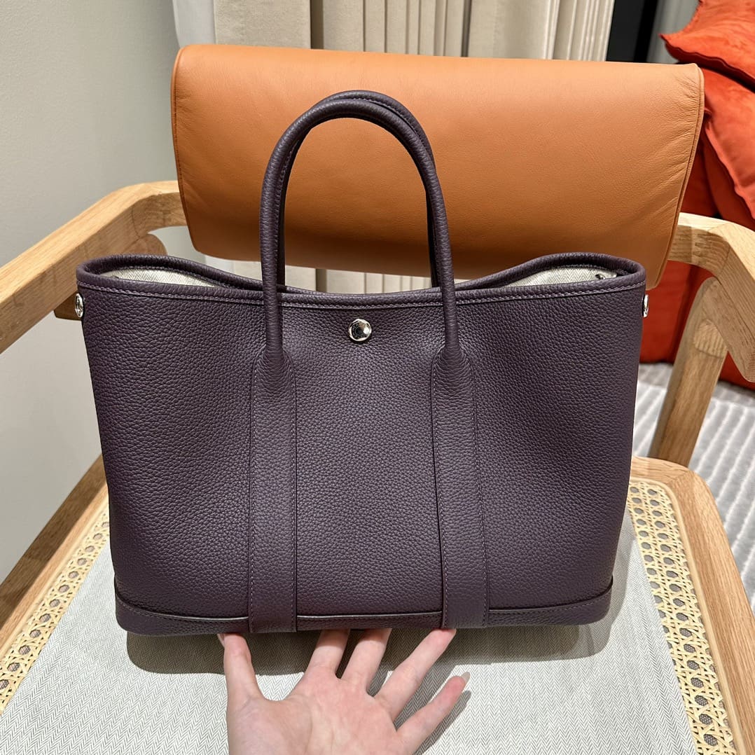 HERMÈS  Garden Party TPM 30 Cassis Negonda Leather Tote Bag