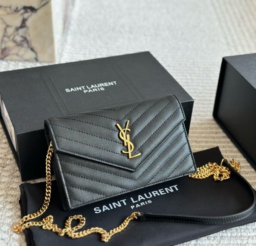 SAINT LAURENT Cassandre Envelope Chain matelassé textured-leather wallet