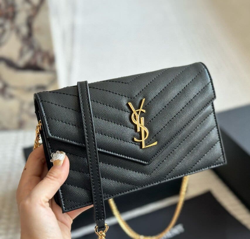 SAINT LAURENT Cassandre Envelope Chain matelassé textured-leather wallet