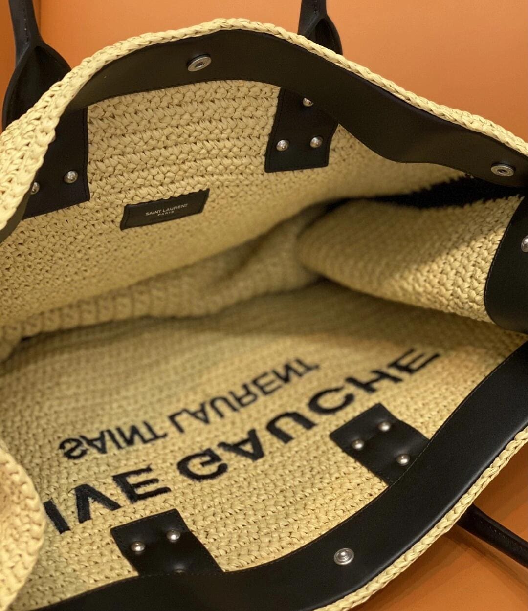 SAINTAURENT rive gauche tote bag in raffia and leather