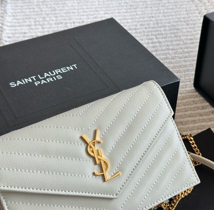 SAINT LAURENT Cassandre Envelope Chain matelassé textured-leather wallet