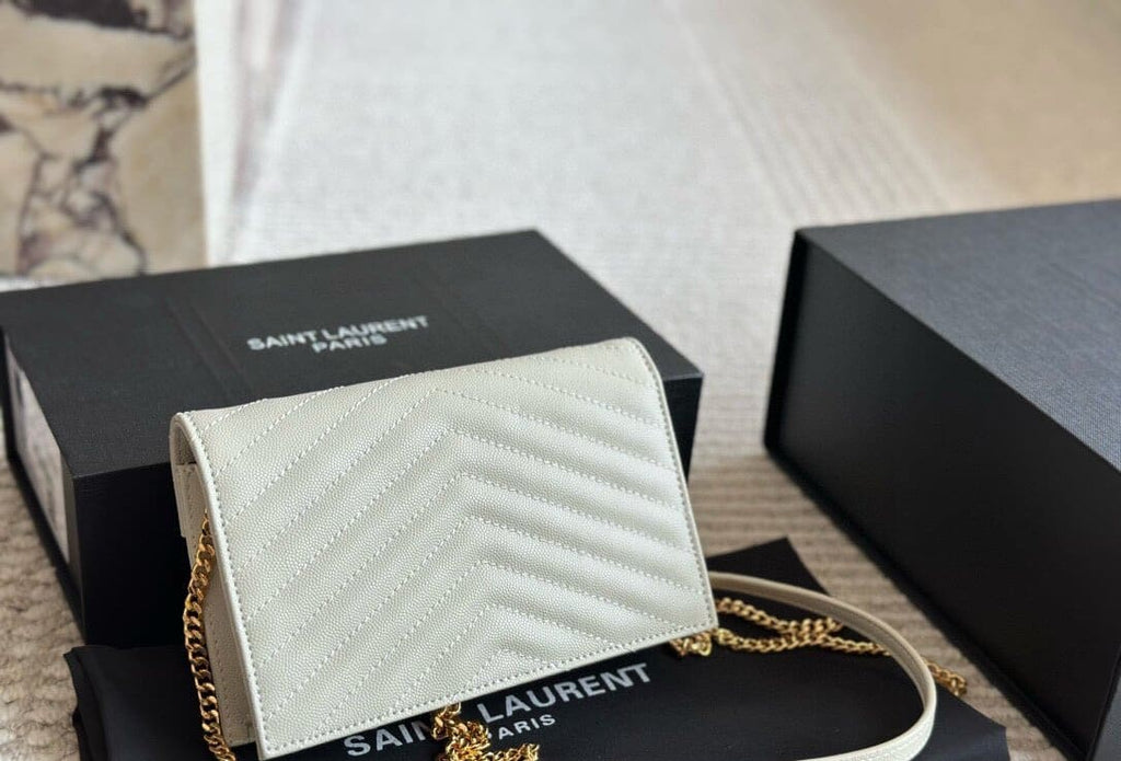 SAINT LAURENT Cassandre Envelope Chain matelassé textured-leather wallet