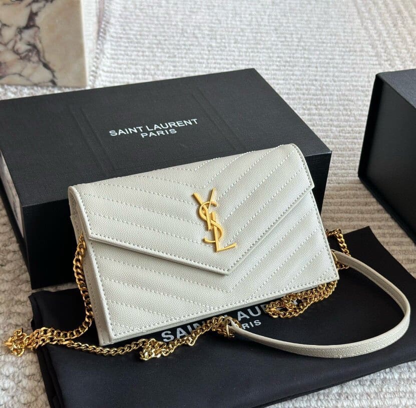 SAINT LAURENT Cassandre Envelope Chain matelassé textured-leather wallet