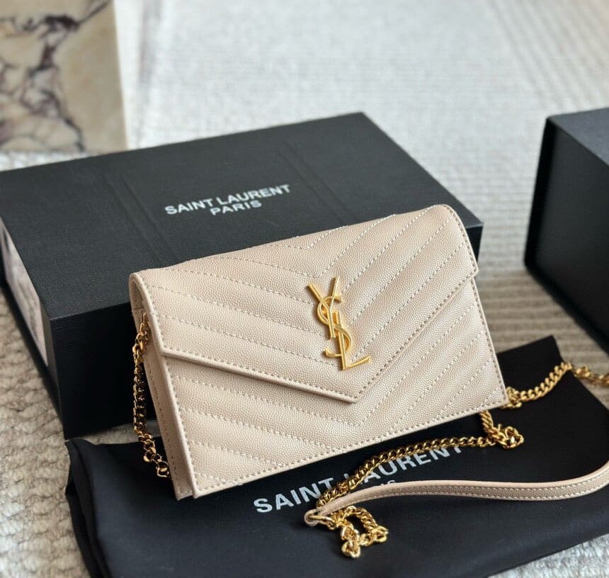 SAINT LAURENT Cassandre Envelope Chain matelassé textured-leather wallet