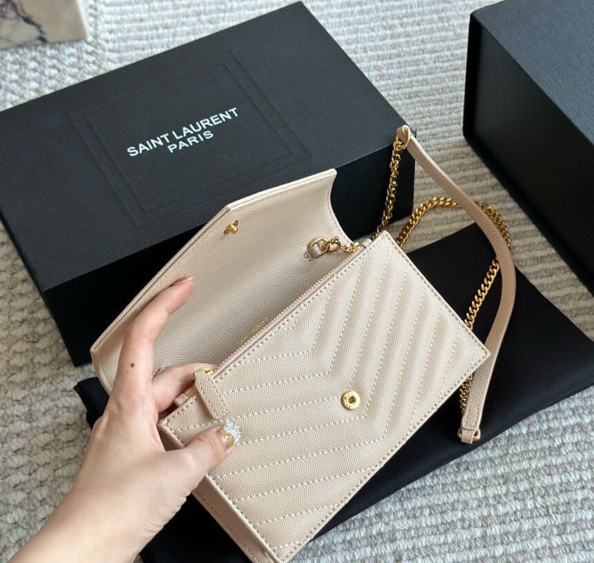 SAINT LAURENT Cassandre Envelope Chain matelassé textured-leather wallet