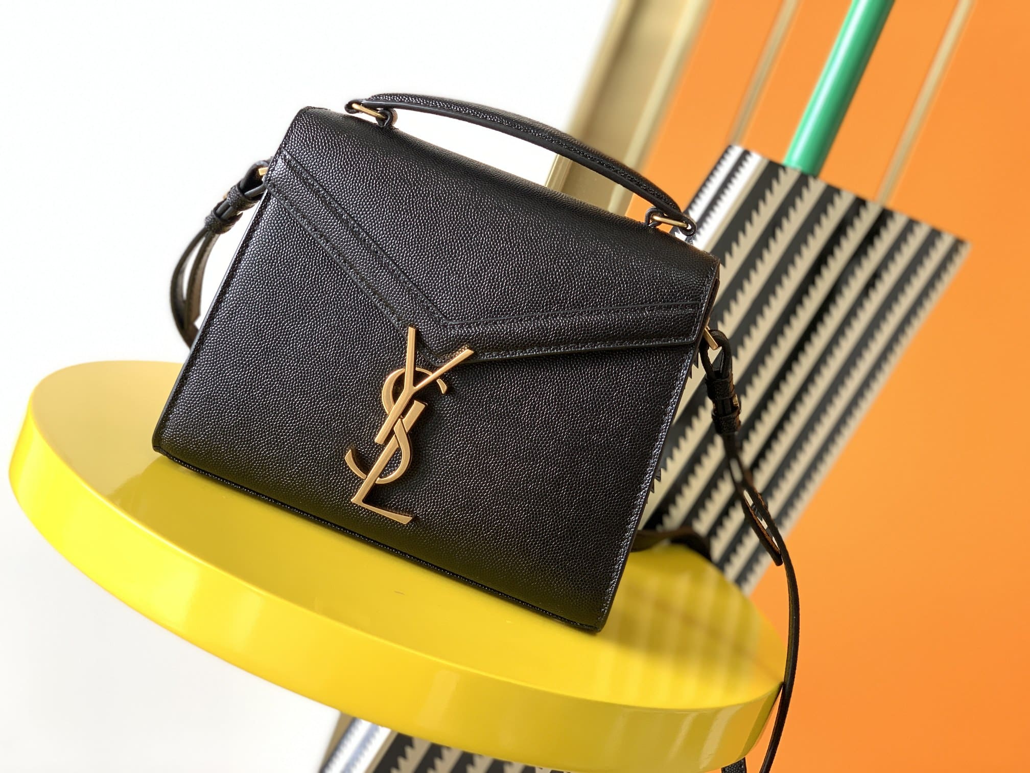 Saint Laurent Black Grain De Poudre Mini Cassandra Top Handle Bag