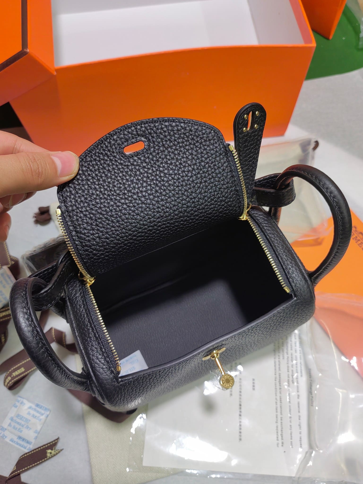 Hermès Mini Lindy Black Clemence Gold Hardware