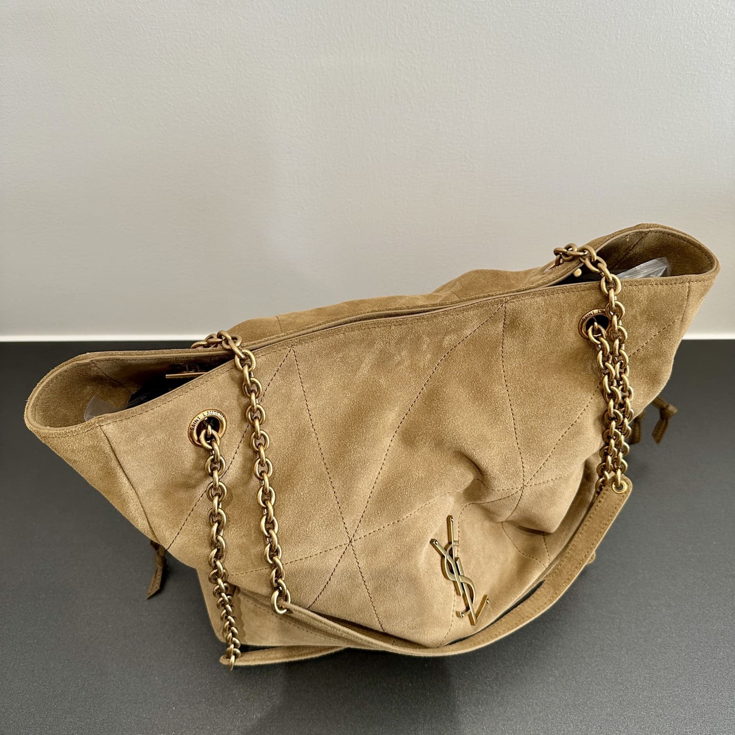 SAINT LAURENT small JAMIE SHOPPING in suede-GOLDEN LEAF