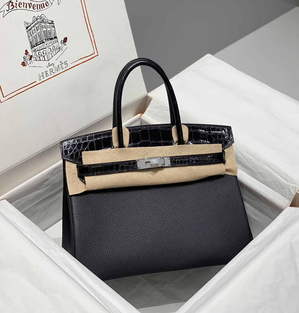 Hermès Black Togo and Shiny Niloticus Crocodile Touch Birkin 30 Palladium Hardware