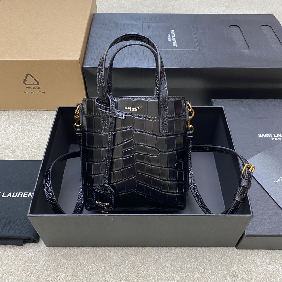 Saint Laurent  Calfskin Crocodile Embossed Paris Mini Toy Shopper Tote Black