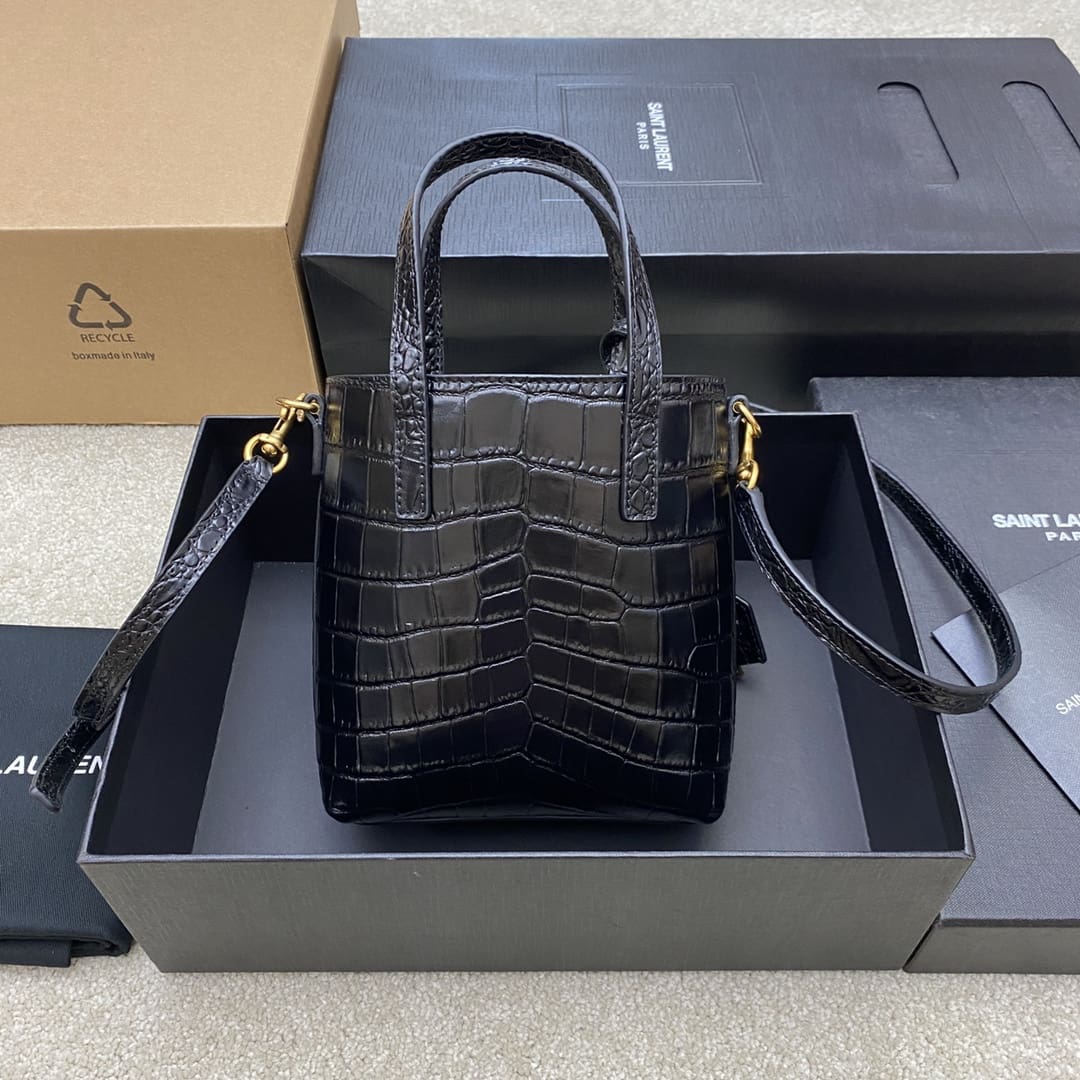 Saint Laurent  Calfskin Crocodile Embossed Paris Mini Toy Shopper Tote Black