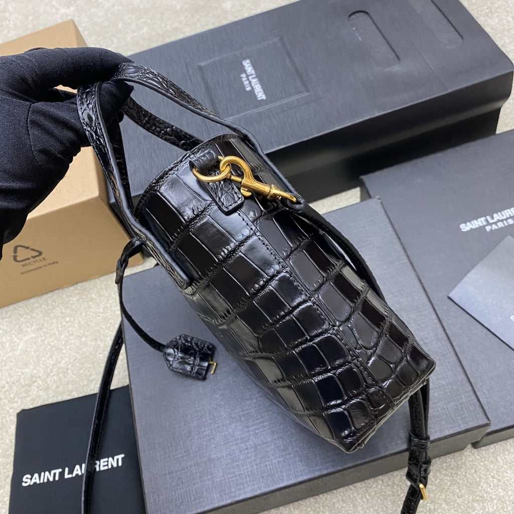 Saint Laurent  Calfskin Crocodile Embossed Paris Mini Toy Shopper Tote Black