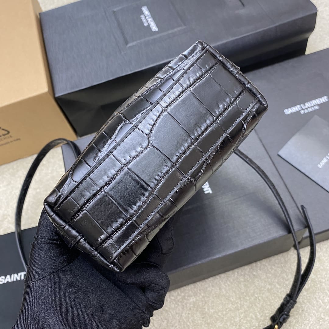 Saint Laurent  Calfskin Crocodile Embossed Paris Mini Toy Shopper Tote Black