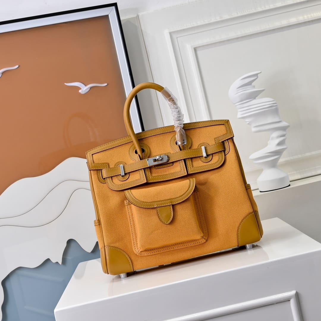 Hermès Limited Edition Desert and Sesame Swift and Canvas Birkin Cargo 25 Palladium Hardware