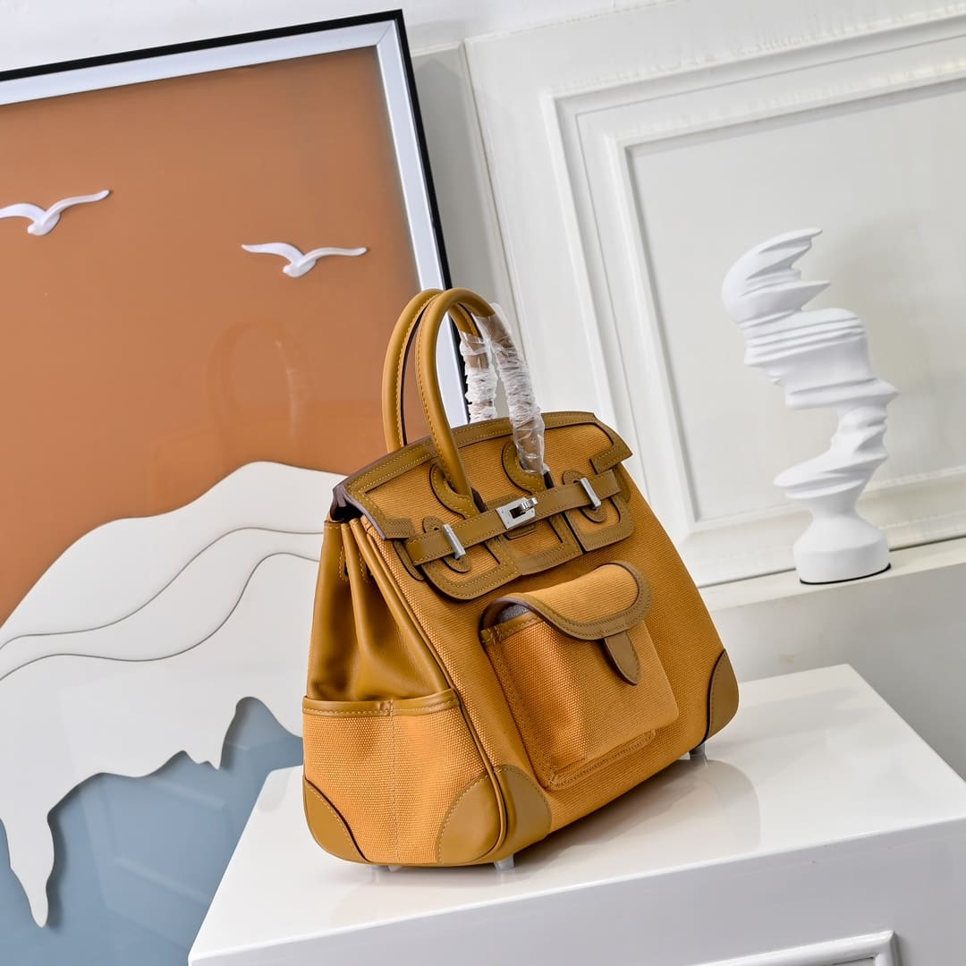 Hermès Limited Edition Desert and Sesame Swift and Canvas Birkin Cargo 25 Palladium Hardware