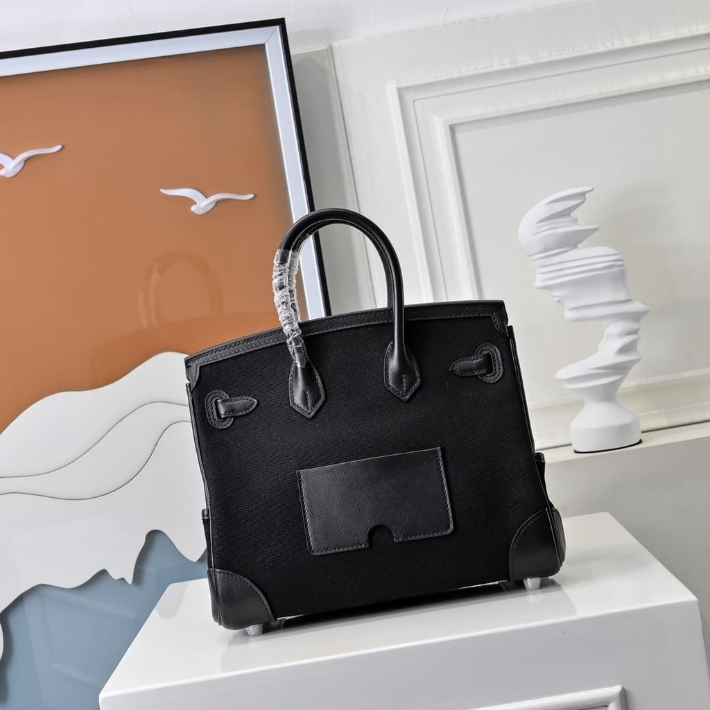 Hermès Limited Edition Black Swift and Canvas Cargo Birkin 25 Palladium Hardware
