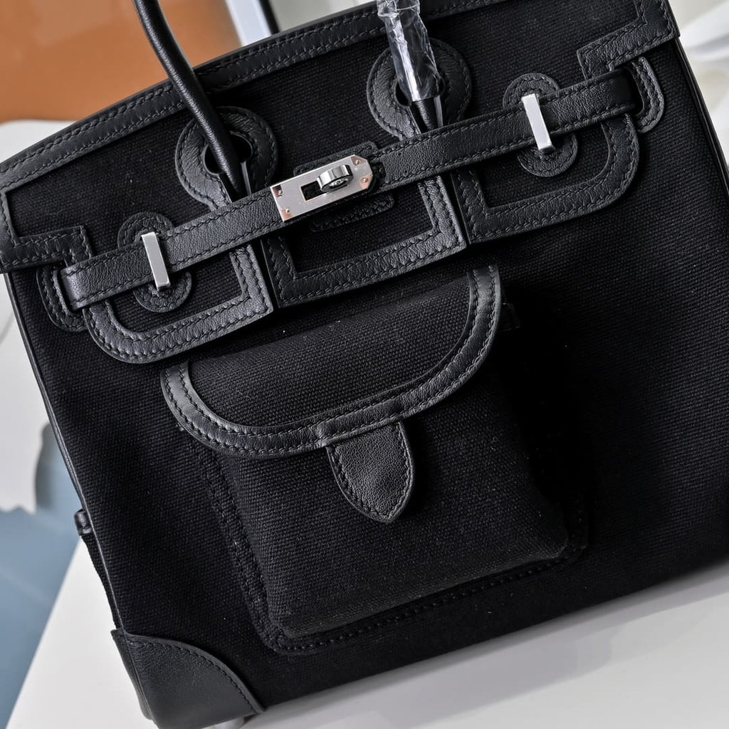 Hermès Limited Edition Black Swift and Canvas Cargo Birkin 25 Palladium Hardware