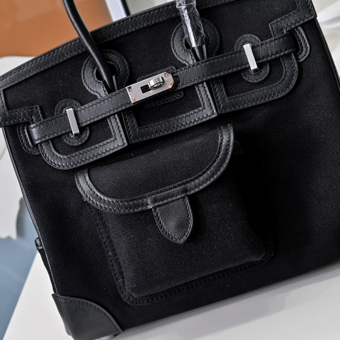 Hermès Limited Edition Black Swift and Canvas Cargo Birkin 25 Palladium Hardware