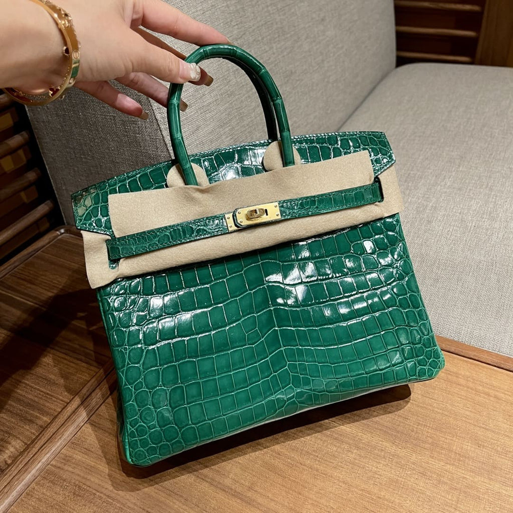 Hermès 25cm Birkin Emerald Shiny Niloticus Crocodile Gold Hardware