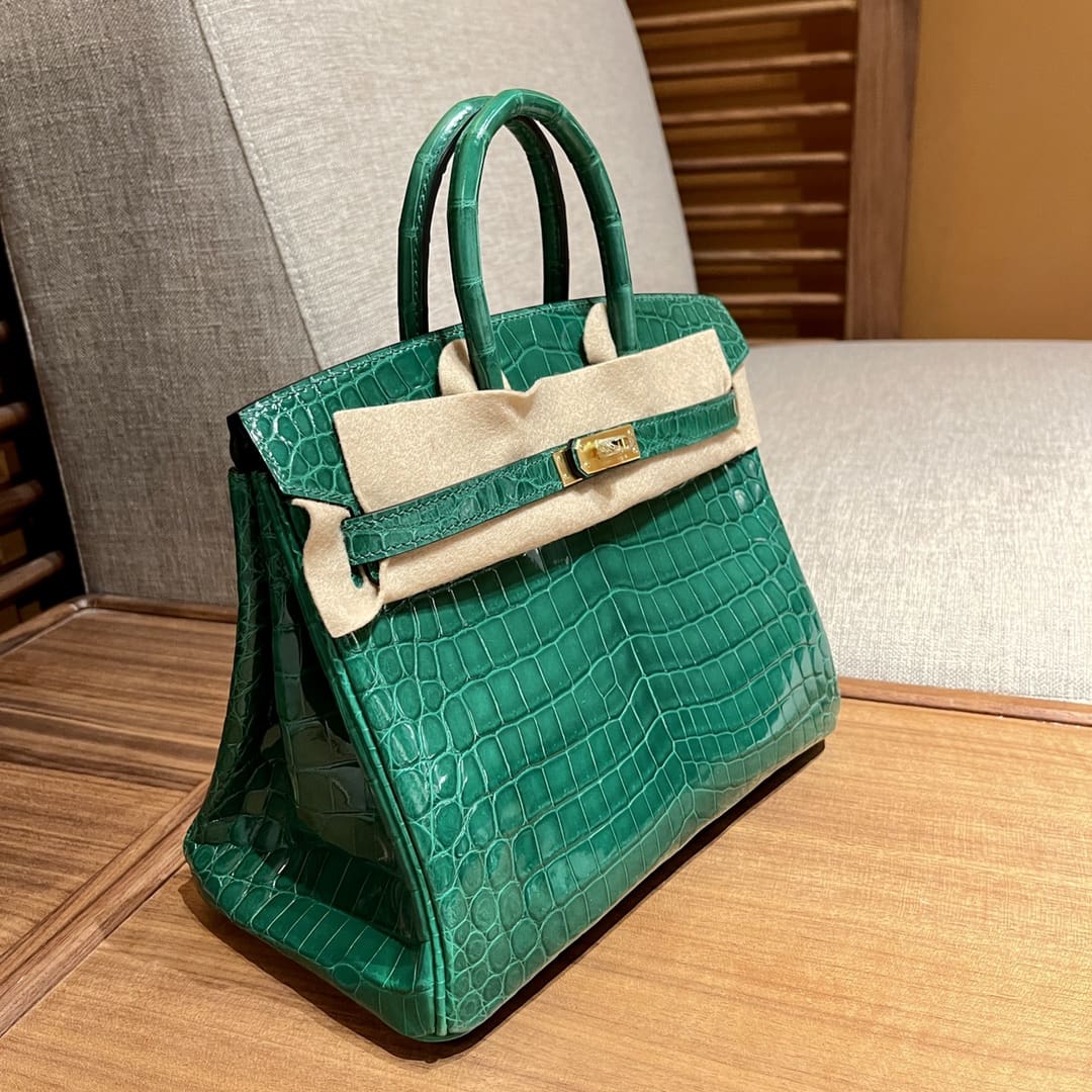 Hermès 25cm Birkin Emerald Shiny Niloticus Crocodile Gold Hardware