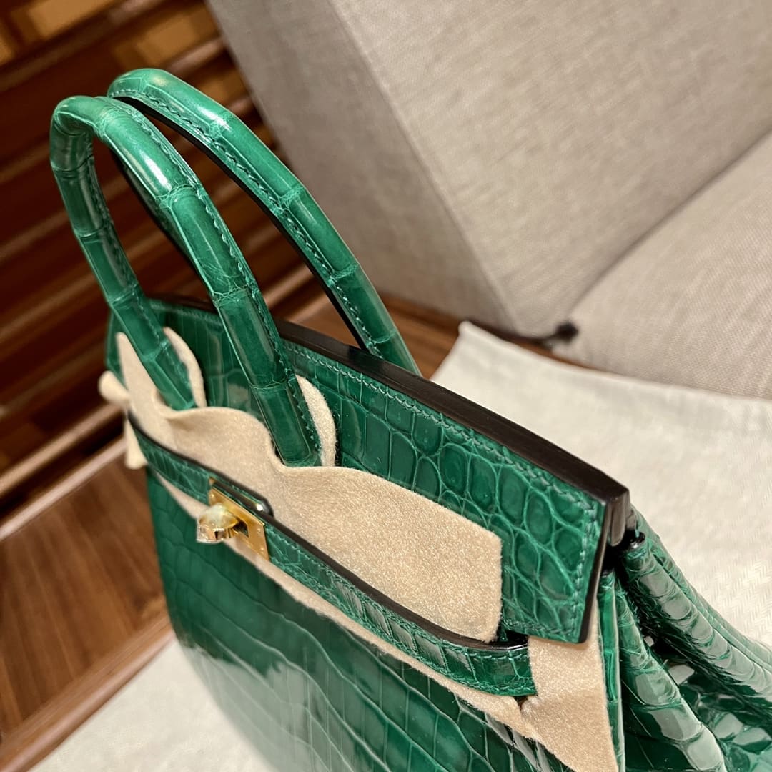 Hermès 25cm Birkin Emerald Shiny Niloticus Crocodile Gold Hardware