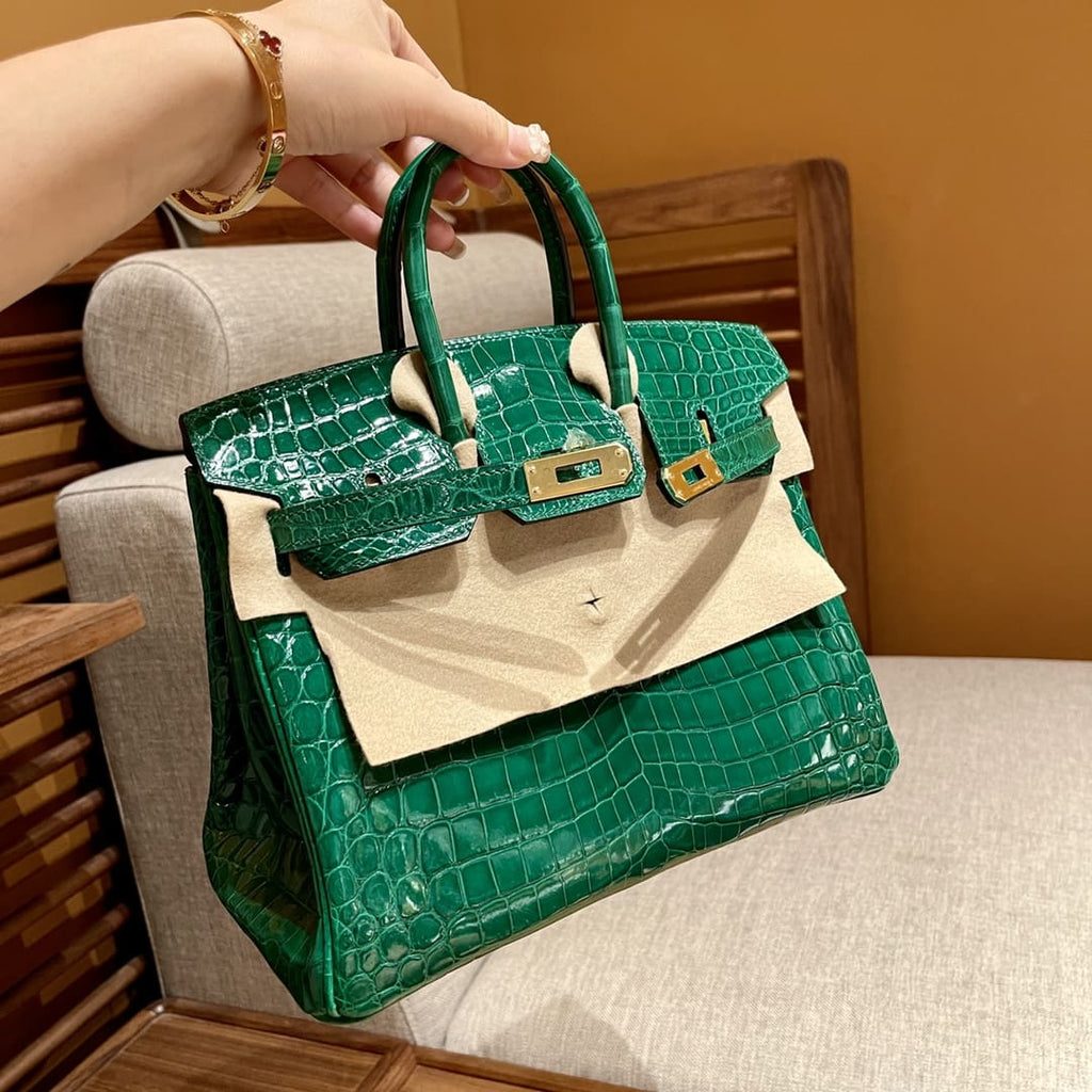 Hermès 25cm Birkin Emerald Shiny Niloticus Crocodile Gold Hardware