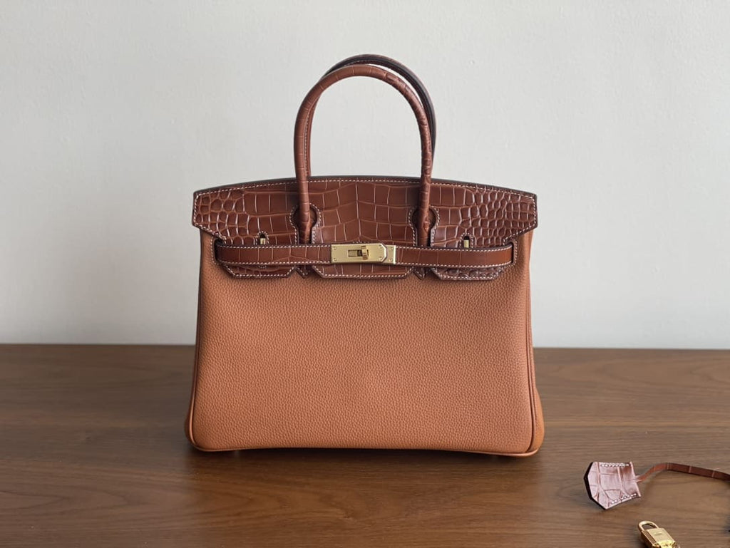 HERMÈS Platinum Birkin Touch 30 Mysore Goat Leather Glossy Two Point Crocodile Honey Brown