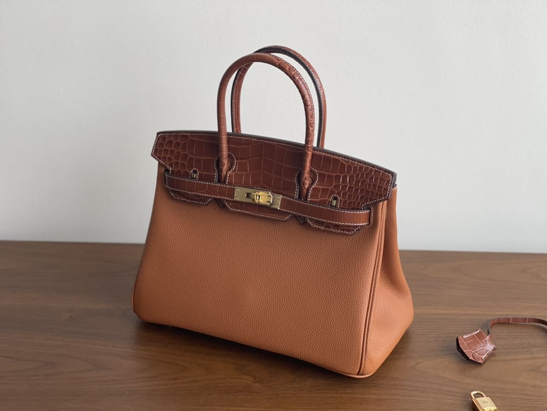 HERMÈS Platinum Birkin Touch 30 Mysore Goat Leather Glossy Two Point Crocodile Honey Brown