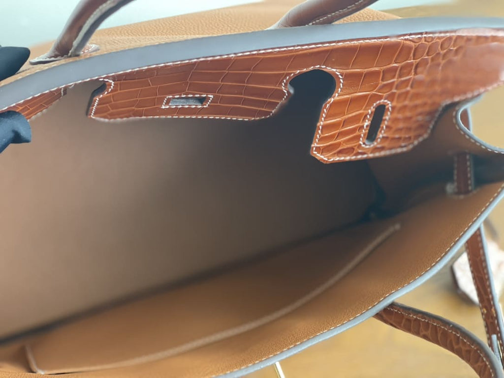 HERMÈS Platinum Birkin Touch 30 Mysore Goat Leather Glossy Two Point Crocodile Honey Brown