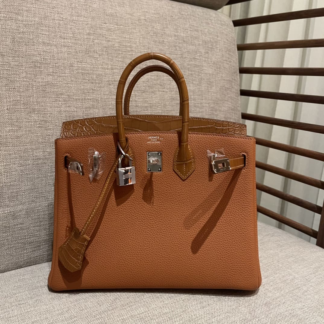 HERMÈS Touch Birkin Bag Gold Togo with Matte Alligator with Palladium Hardware