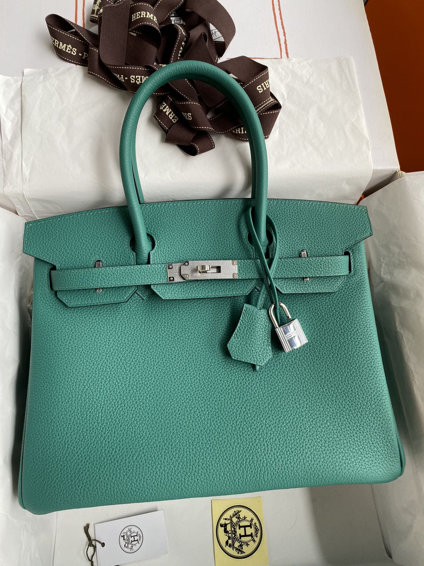 HERMÈS Vert Vertigo Togo Leather Palladium Finish Birkin 30 Bag