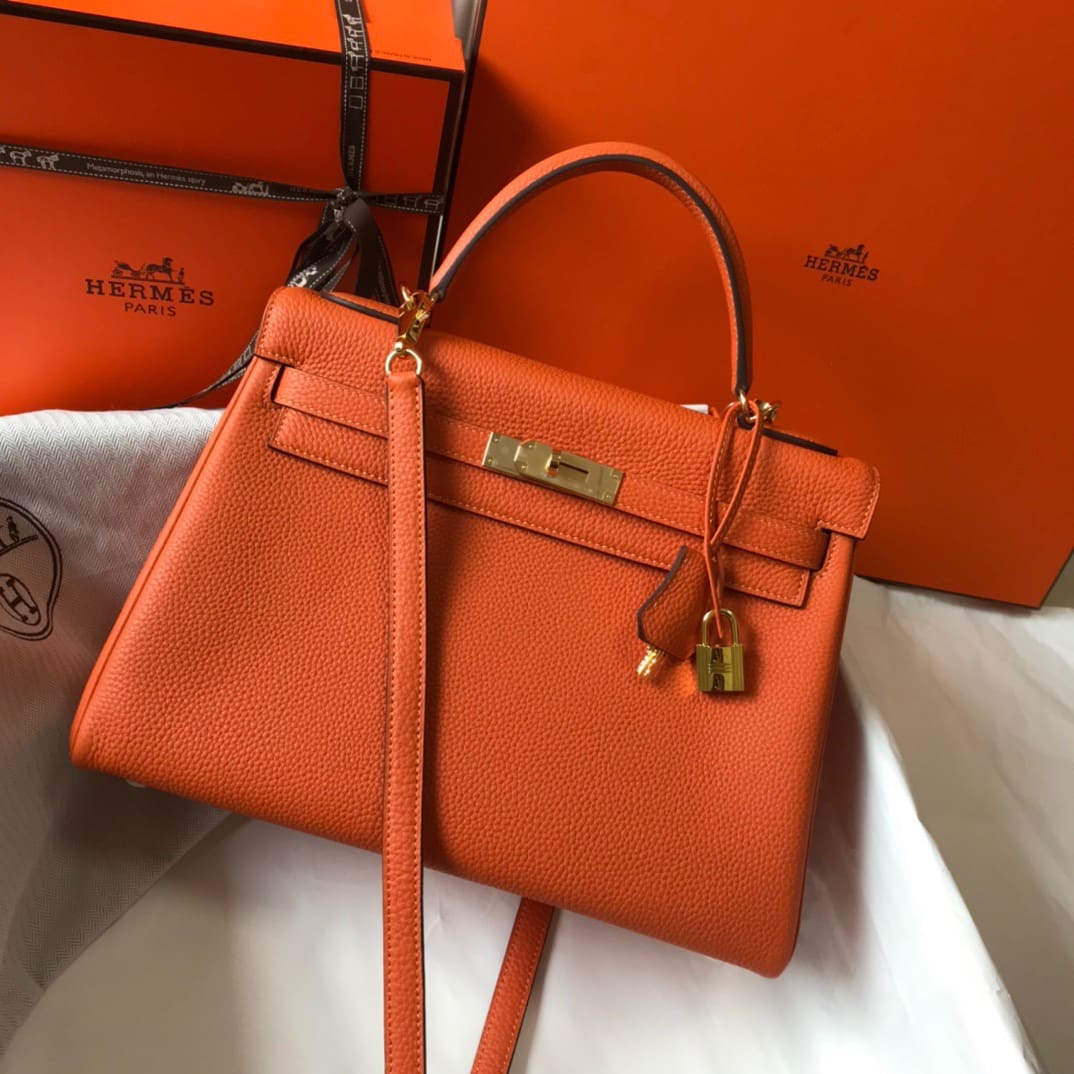 Hermès Kelly Retourne 32 Orange Togo Gold Hardware