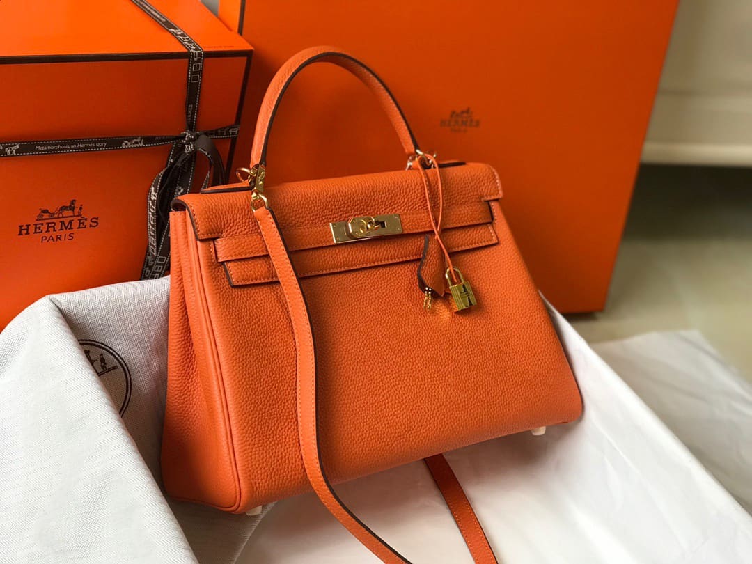 Hermès Kelly Retourne 32 Orange Togo Gold Hardware