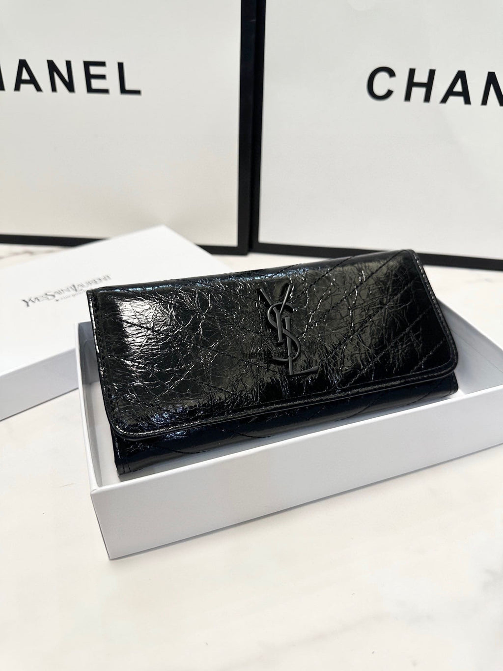 Saint Laurent Niki Flap Wallet Matelasse Chevron Leather Long