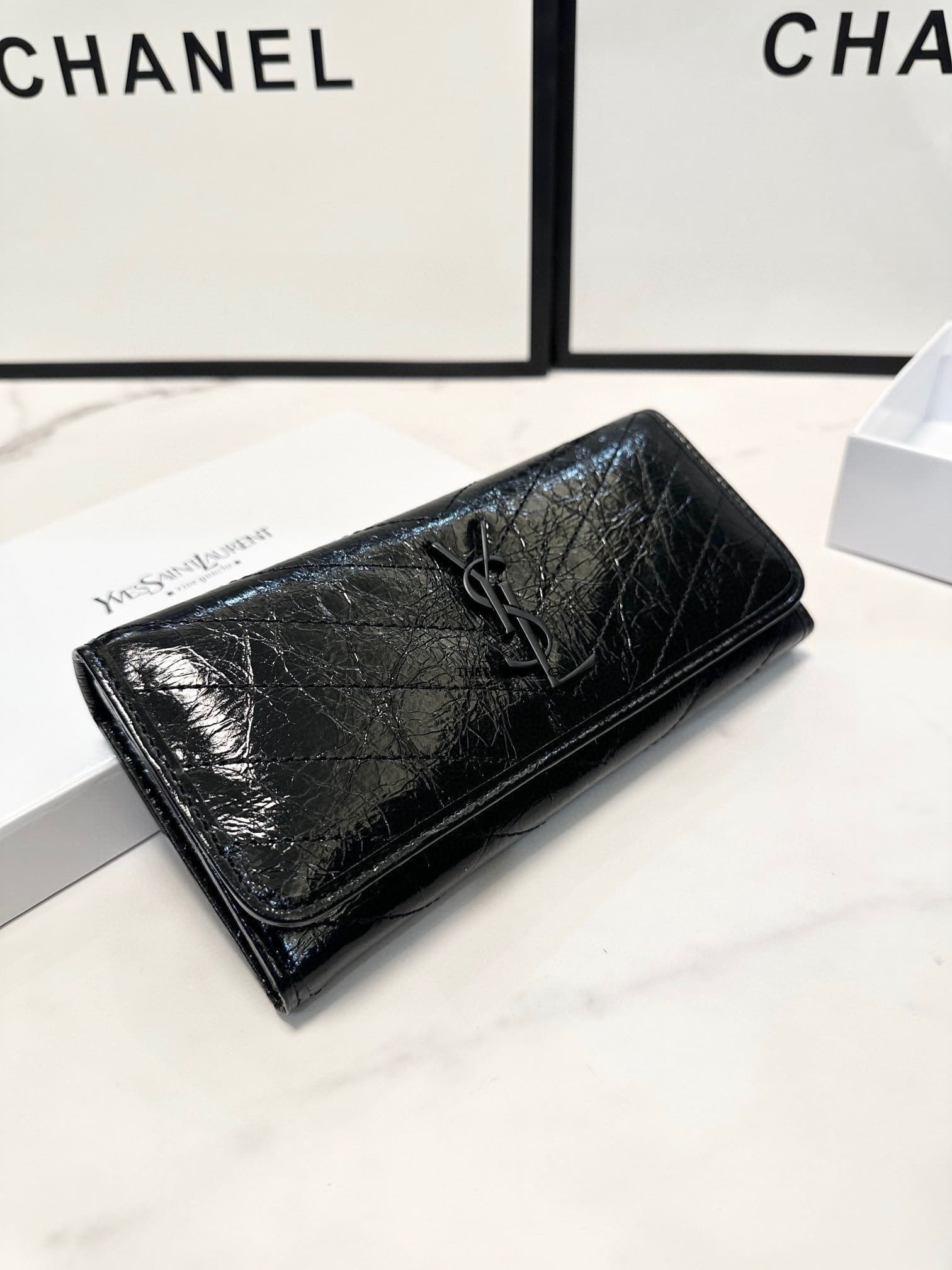 Saint Laurent Niki Flap Wallet Matelasse Chevron Leather Long