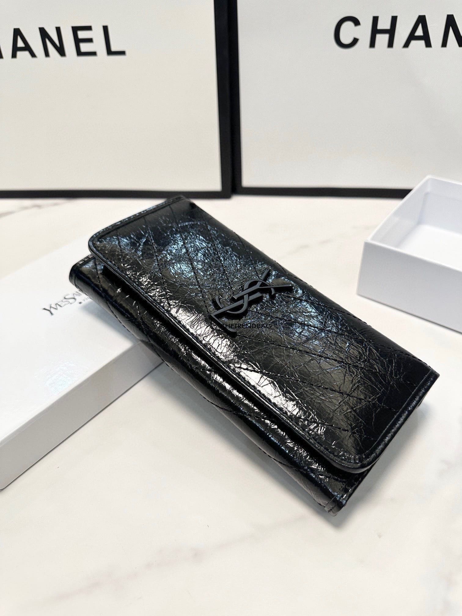 Saint Laurent Niki Flap Wallet Matelasse Chevron Leather Long