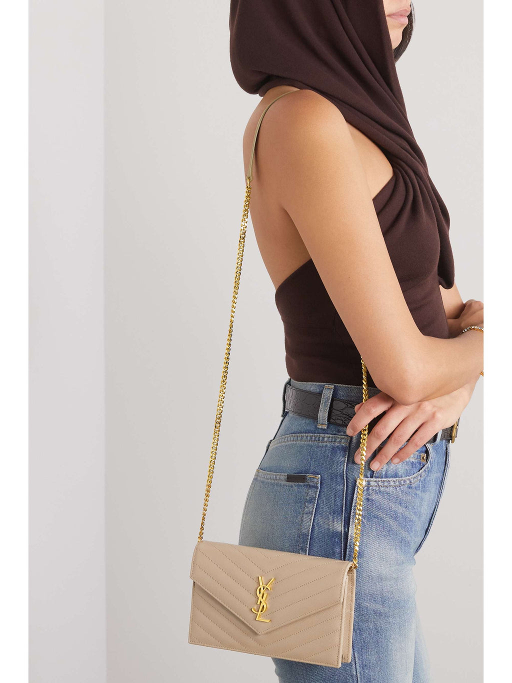 SAINT LAURENT Cassandre Envelope Chain matelassé textured-leather wallet
