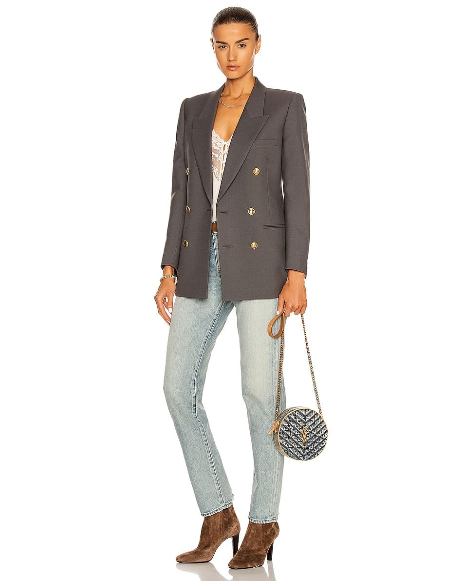Saint Laurent  Denim Quilted Monogram Round Crossbody Bag Rodeo Blue Cinnamon