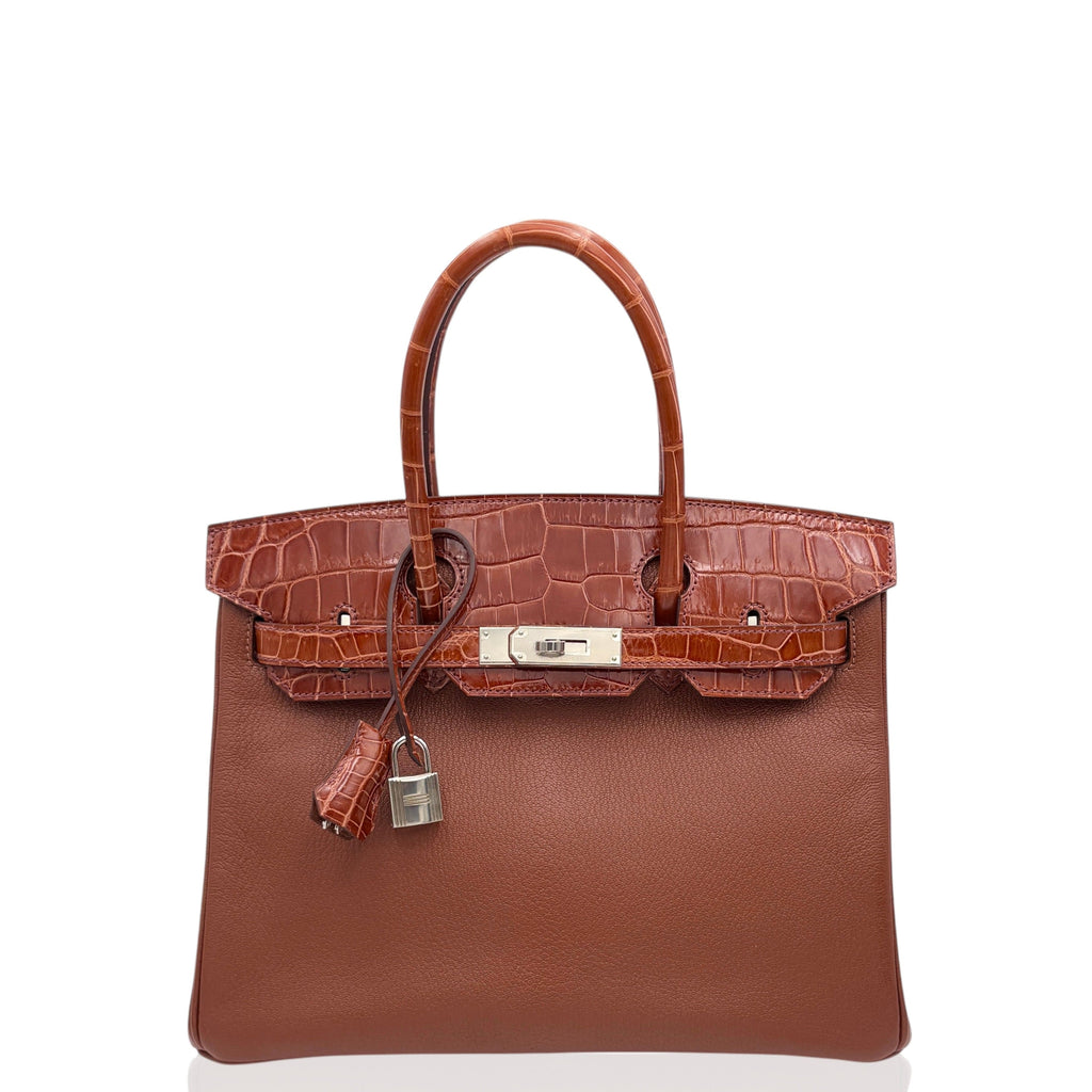 HERMÈS Platinum Birkin Touch 30 Mysore Goat Leather Glossy Two Point Crocodile Honey Brown