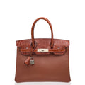 HERMÈS Platinum Birkin Touch 30 Mysore Goat Leather Glossy Two Point Crocodile Honey Brown