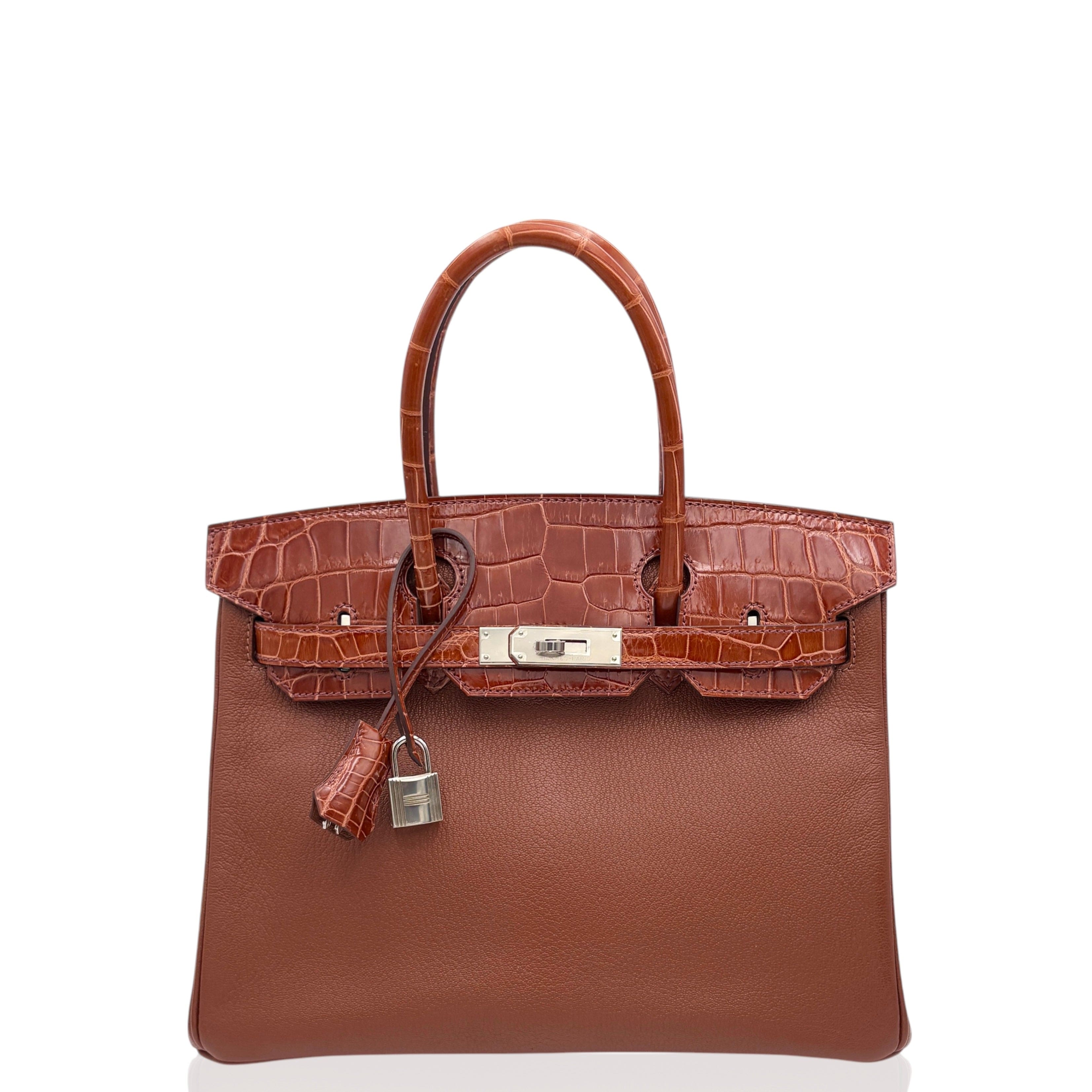HERMÈS Platinum Birkin Touch 30 Mysore Goat Leather Glossy Two Point Crocodile Honey Brown