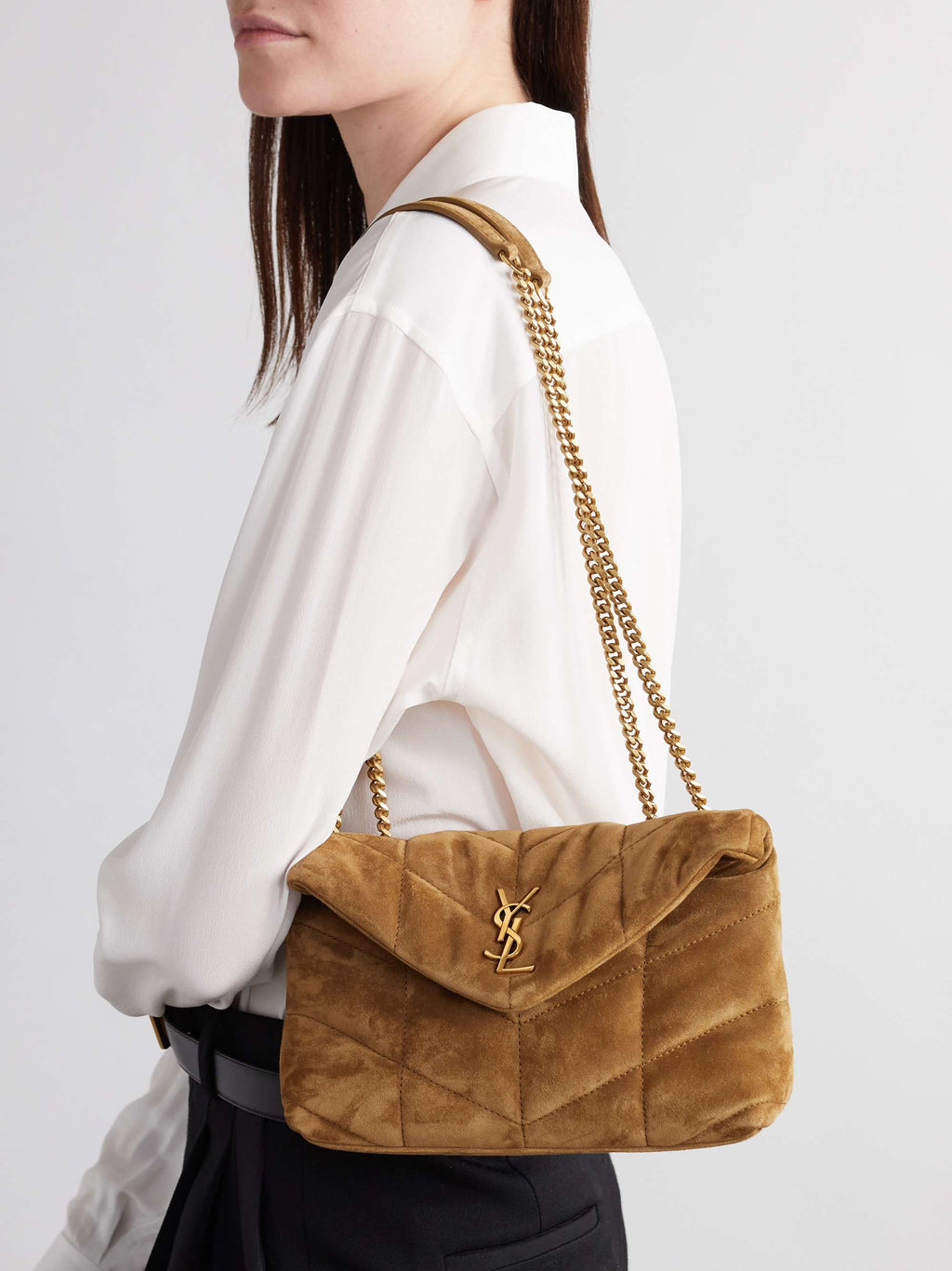 SAINT LAURENT Puffer Toy quilted leather-trimmed suede shoulder bag