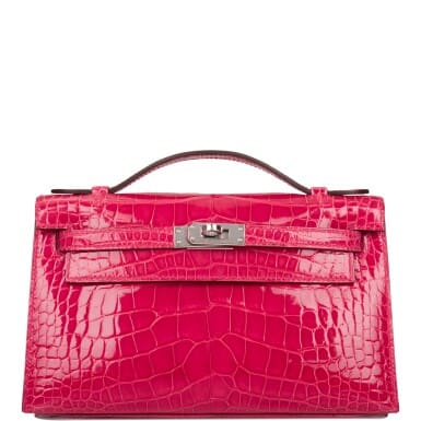 Hermès Rose Extreme Mini Kelly Pochette of Shiny Mississippiensis Alligator Palladium Hardware