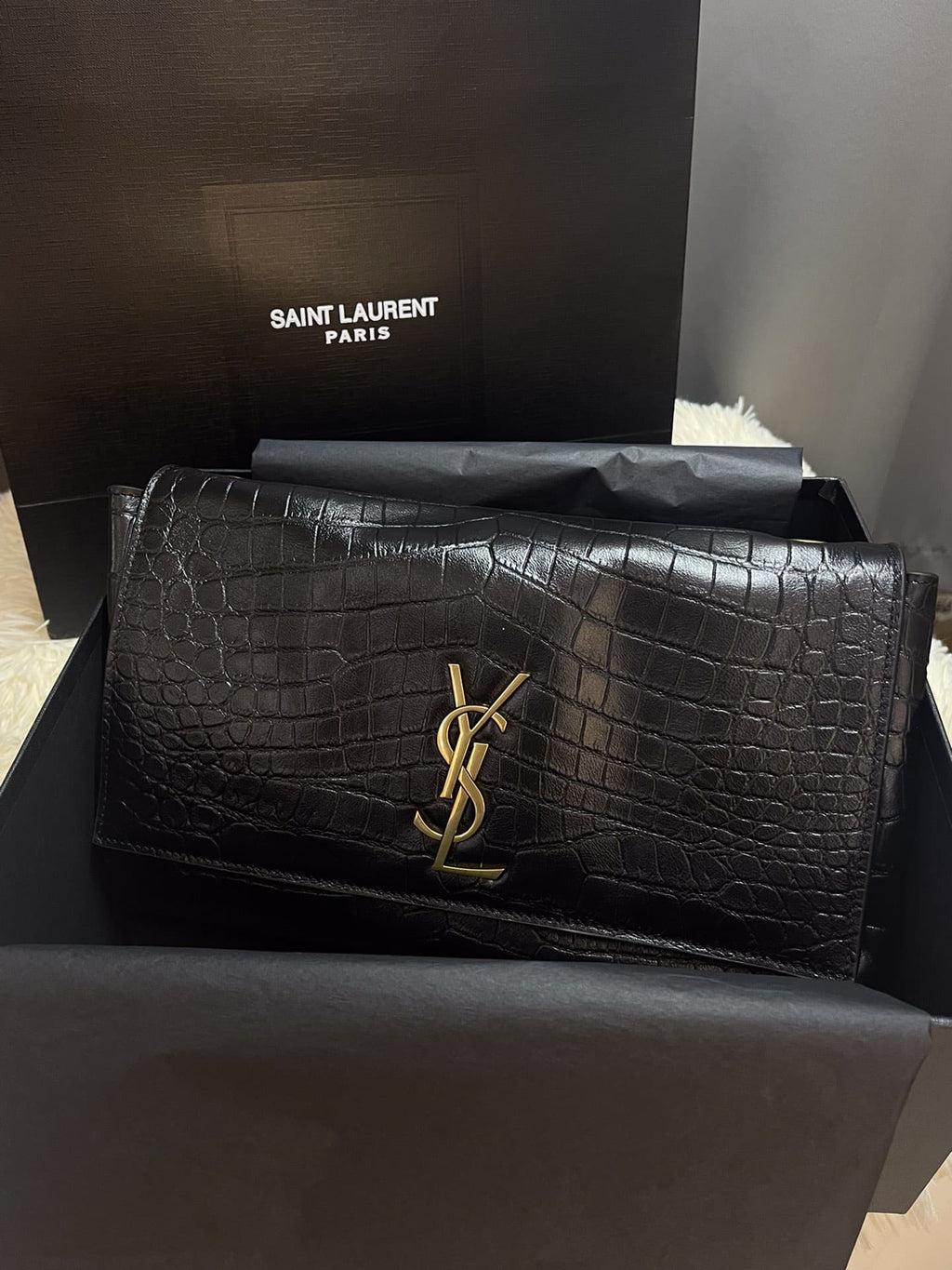 [Master Quality]Saint Laurent Medium Double-Sided Lettering Kate  in Calfskin and Crocodile-Embossed Suede