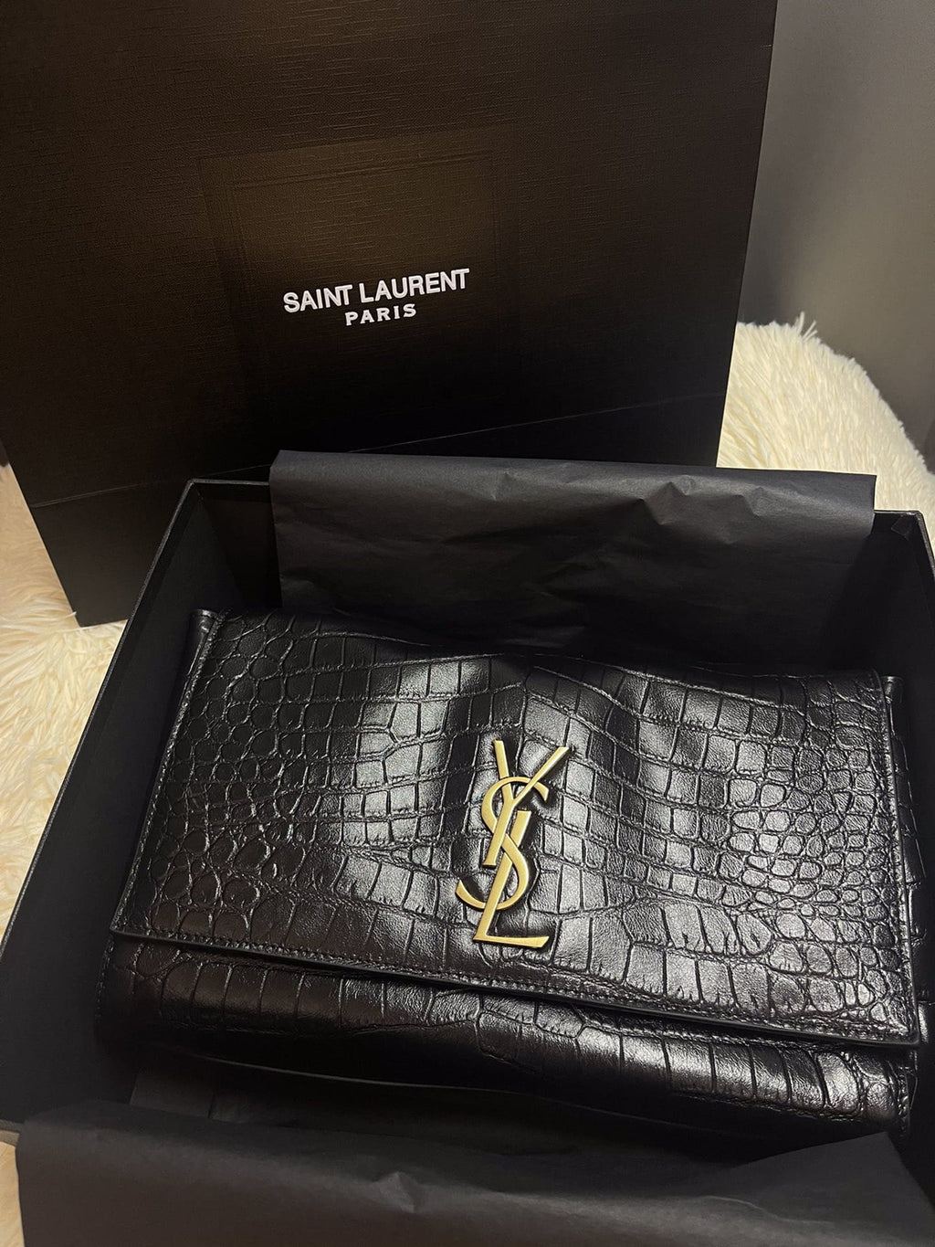 [Master Quality]Saint Laurent Medium Double-Sided Lettering Kate  in Calfskin and Crocodile-Embossed Suede