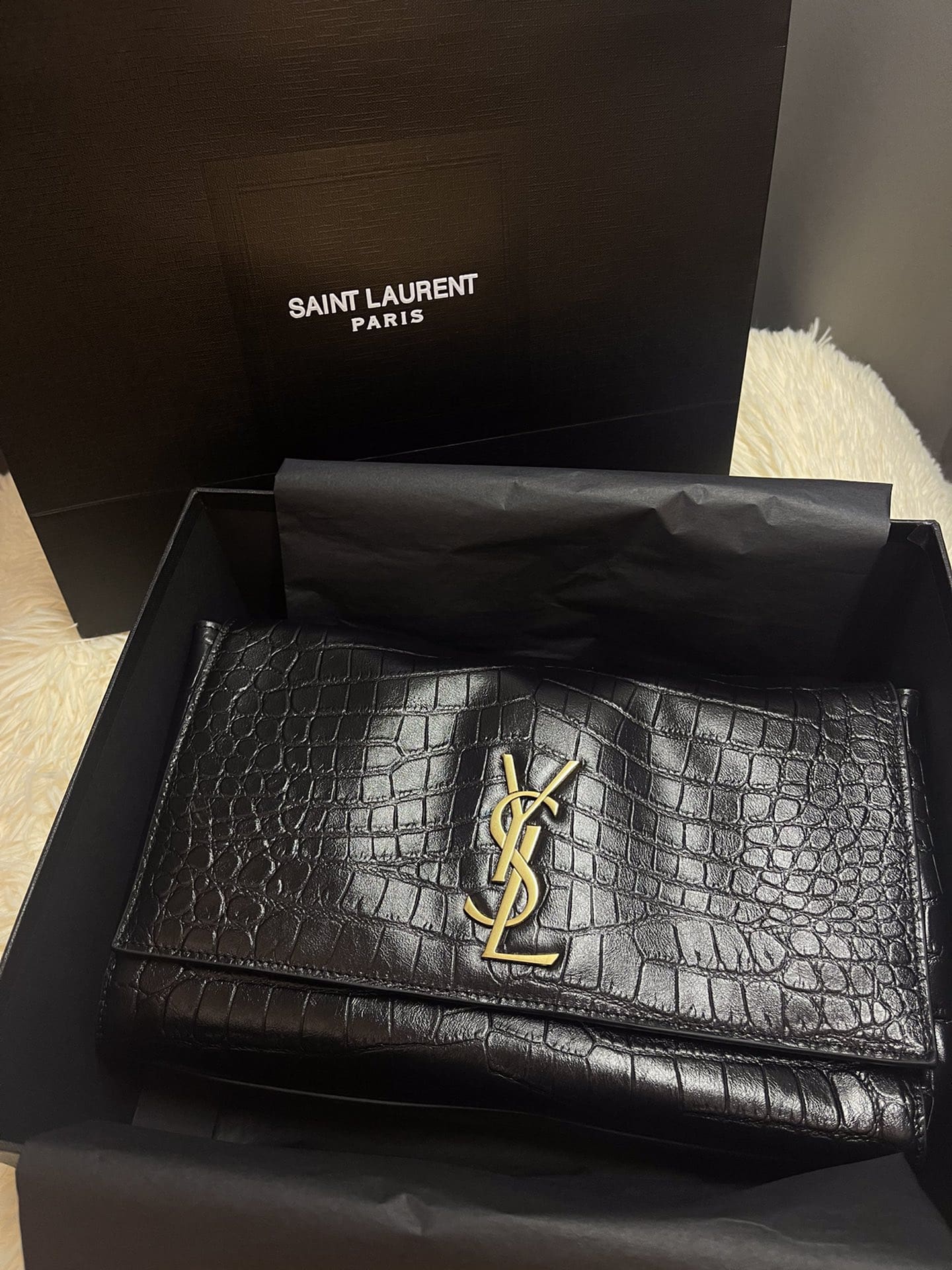 [Master Quality]Saint Laurent Medium Double-Sided Lettering Kate  in Calfskin and Crocodile-Embossed Suede