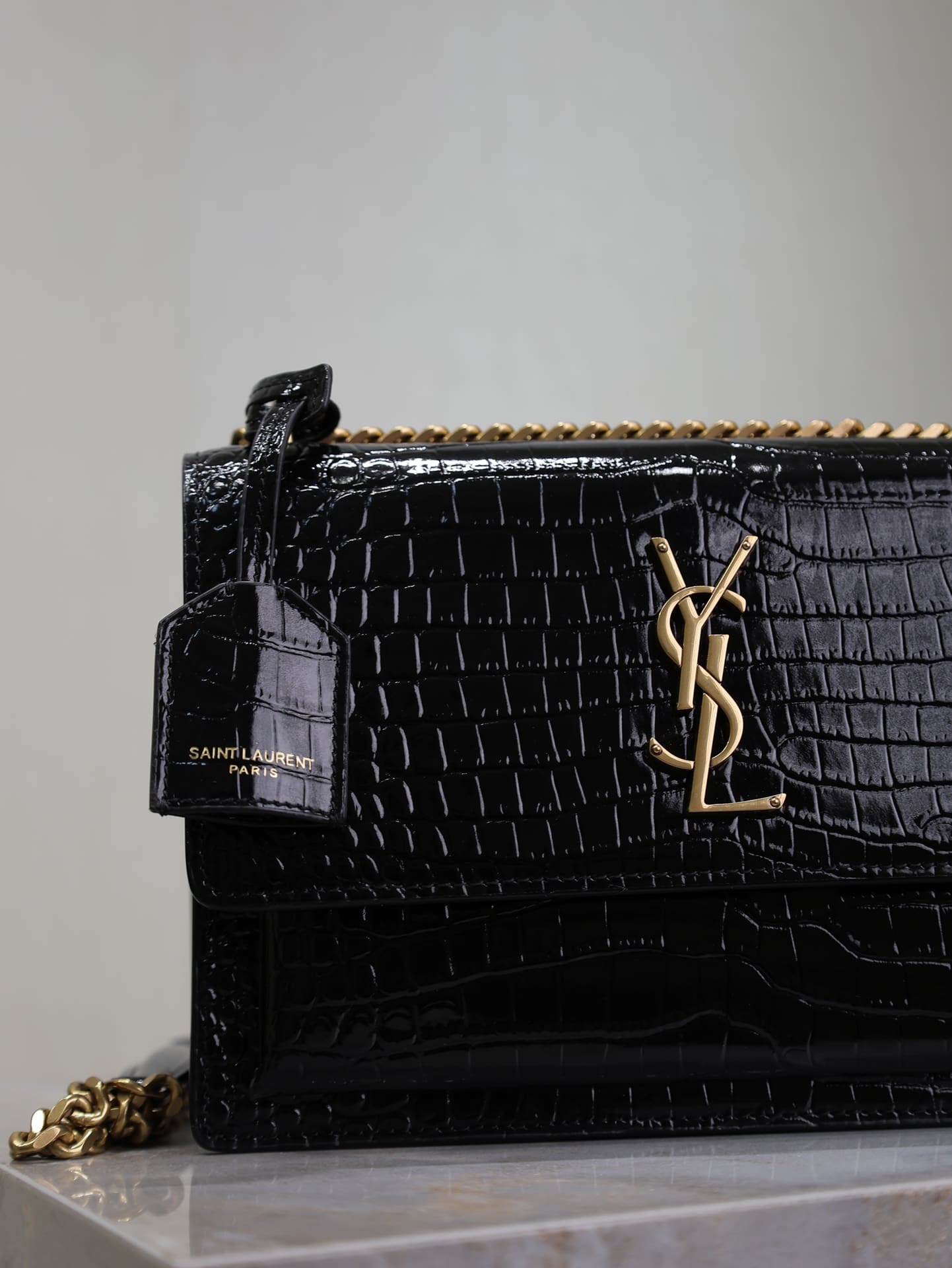 Saint Laurent Sunset Medium YSL Crossbody Bag-Croc-Embossed Leather