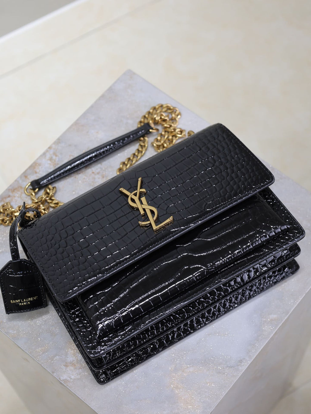 Saint Laurent Sunset Medium YSL Crossbody Bag-Croc-Embossed Leather